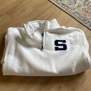 White Penn State Half-Zip Sweater with Navy Lettering PSU logo on the shoulder